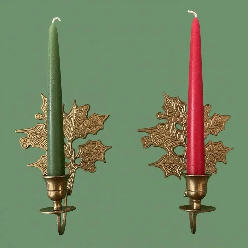 Vintage Brass Holly Leaf Candle Holders Pair Christmas Sconce Decor  Holiday Set